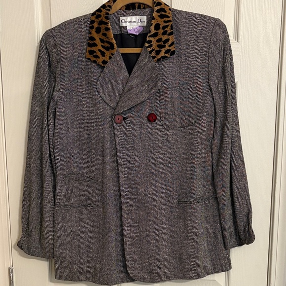 Christian Dior Gray 100% Silk Tweed Herringbone Blazer with Leopard Collar